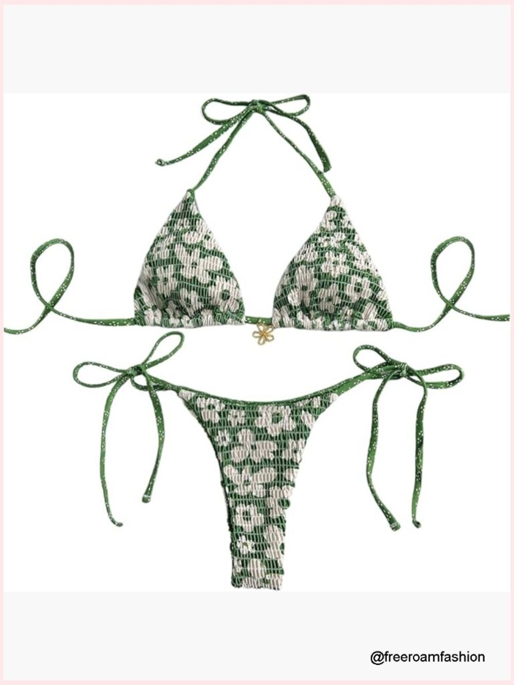 2 Piece Floral Bikini Set Ruched Triangle Halter Swimsuit Y2K Style